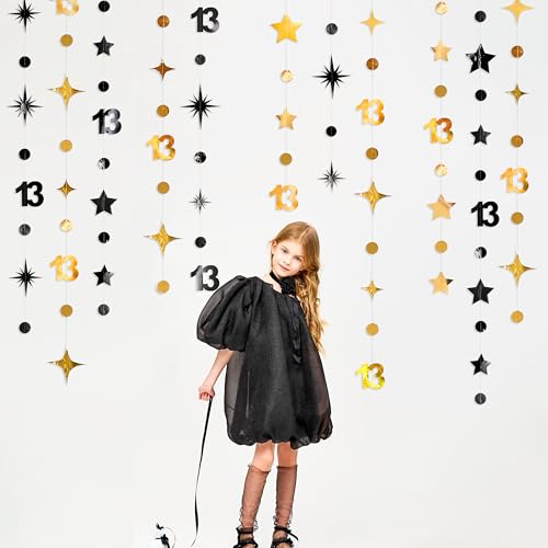 Image of Black Gold 13th Birthday Decorations Number 13 Circle Dot Twinkle Star Garland Metallic Hanging Streamer Banner Backdrop Girls Boys 13 Years Old Birthday Thirteen Official Teenager Party Supplies