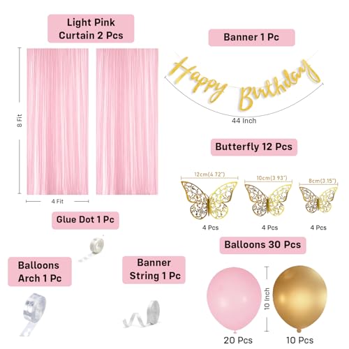 Image of Party Propz Butterfly Theme Happy Birthday Decoration Kit -47 Pcs, Birthday Decoration Items with Light Pink Curtains, Golden Happy Birthday Banner, Balloons for Birthday Decoration (Cardstock, Latex)