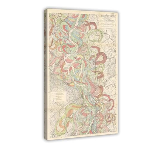 Fleuve Mississippi impression sur toile vintage, carte de méandre déco murale 40x61
