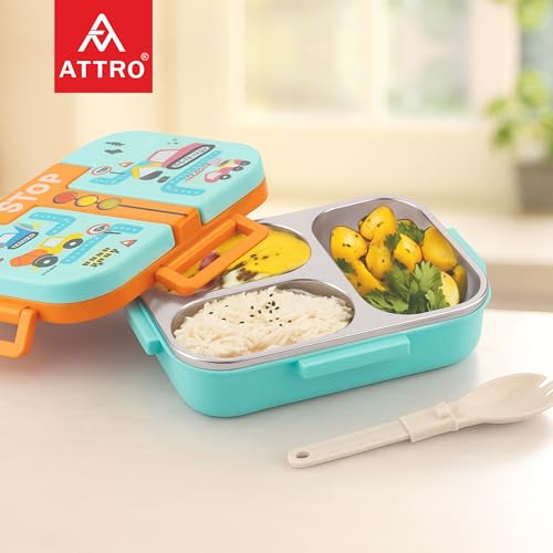 Image of ATTRO Tangy Bite Stainless Steel Lunch Box - 3 Compartment Bento Tiffin, Leak-Proof & Durable, Plastic Spoon, Ideal for Kids, School, Picnic- Orange Blue-600ml- Car Theme