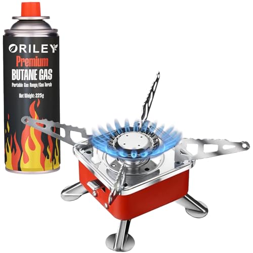 Image of ORILEY Camping Gas Stove with Butane Gas Cylinder & Refill Canister Kit Foldable Furnace and Lightweight Portable Burner for Travel Hiking Outdoor Camping Cooking (1 Gas Refill + 1 Stove)