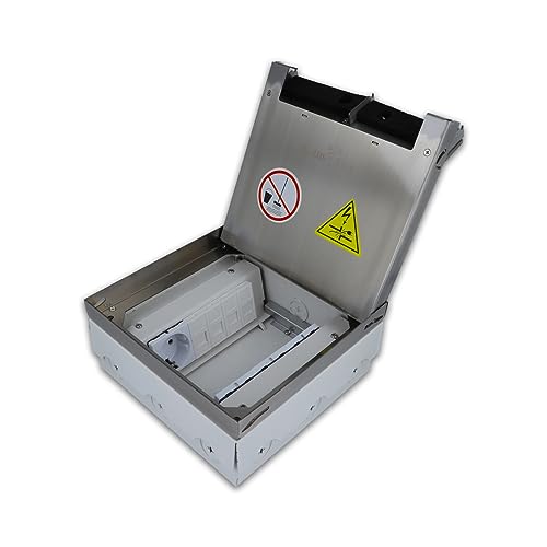 Edelstahl Bodentank Bodendose IP20 bestückt 4 VDE Schuko Steckdosen + 4 Netzwerkdosen LAN Dosen Datendose Einbaufertig Fußbodendose Steckdosenbox Deckel versenkbar trocken Hohlböden Luxus-Time