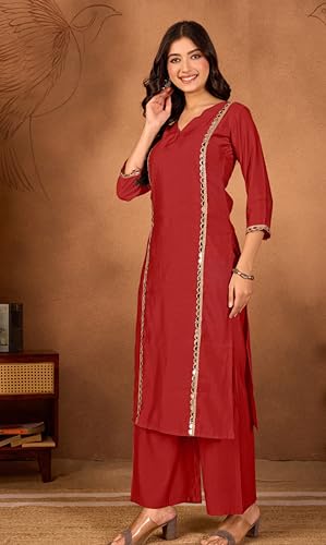 Image of Women Straight-Cut Kurta Pant Set with Subtle Golden Lace Embellishment | Elegant Ethnic Wear for Festive, Office & Casual Use
