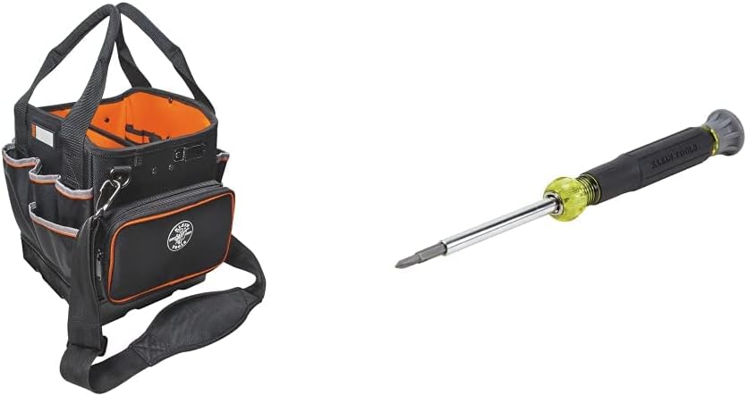 Klein Tools 5541610-14 Tool Bag with Shoulder Strap Has 40 Pockets & 32581 4-in-1 Electronics Screwdriver Set with Precision Machines Bits: 2 Slotted, 2 Phillips, and Cushion Grip Handles, 4-Piece