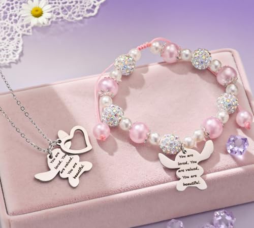 Image of Cute Bracelets Necklace Jewelry Set for 2 Pink Pearl Bracelets Beautiful Gift,Birthday Christmas for Women