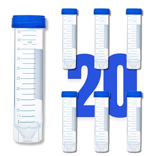 Labfuhxo 50mL Free-Standing Centrifuge Tubes, [20 Items/1 Pack] Plastic Test Tube with Screw Caps, 50mL Sterile Test Tubes with Lids, Self-Standing Tubes with Printed Graduation and Write-on Spot