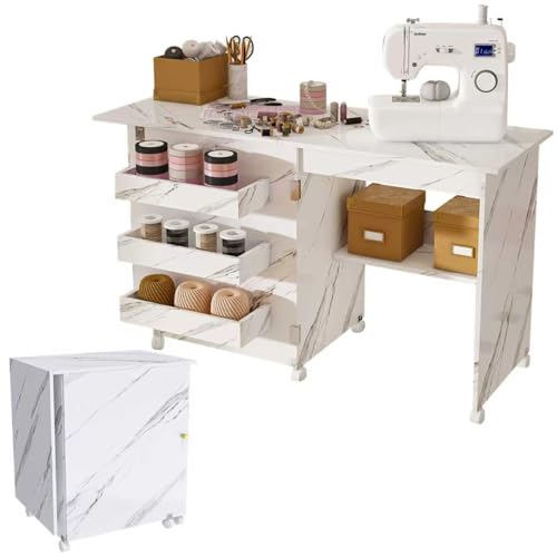 Folding Sewing Machine Table with Storage, Foldable Sewing Desk, Compact Craft Station, Portable Embroidery Table with Rolling Wheels (45 Inch)
