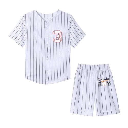 Image of Toddler Boy Birthday Baseball Shirt Short Set Kids 1st 2nd 3rd 4th 5th 6 Year Old Birthday 2-Piece Outfit Set