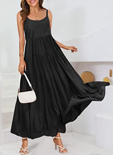 Yesno Summer Dresses For Women Casual Loose Bohemian Floral Dress With Pockets Spaghetti Strap Maxi Dress For Beach Vacation L E75 Black #TOP1