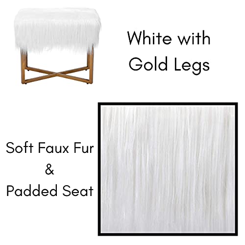 Birdrock Home Rectangular White Faux Fur Foot Stool Ottoman With Gold Legs - Vanity Chair - Soft Compact Padded Seat - Bedroom And Kids Room Chair - Metal - Fluffy Makeup Seat #TOP6