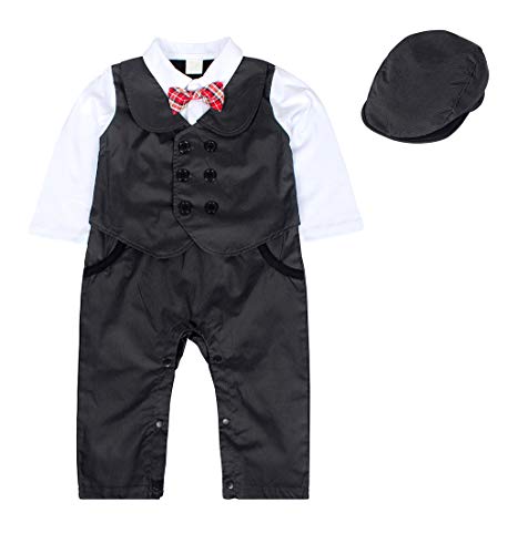 AmzBarley Baby Boys Clothes Formal Outfit Set Toddler Gentleman Romper Jumpsuit Kids Wedding Birthday Party Tuxedo Suits Long Sleeve Bowtie Set with Hat Black Size 18-24 Months/Tag 95