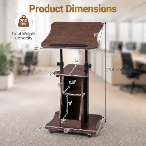 Image of POWERSTONE 2PCS Sit to Stand Mobile Lectern Teacher Podium Stand Brown | Rolling Laptop Desk Cart with Storage Shelves, Casters, Swivel Top, Height Adjustable, for Classroom, Concert, Church