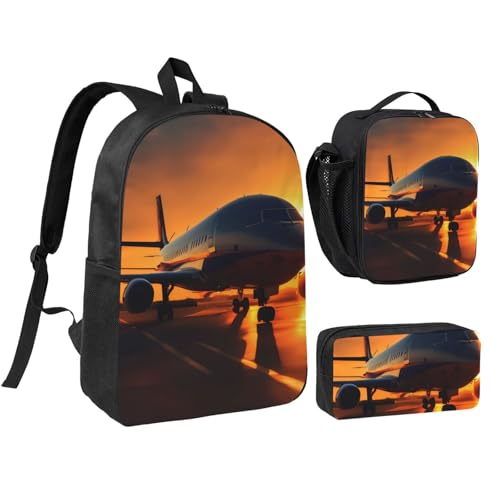 airplane at sunset print Shoulder Bookbags Lunch Bag and Pen Case 17 inches Backpack with Lunch Box, Cute Bookbag Set