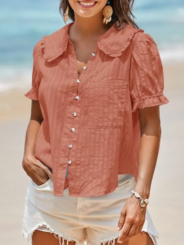 Image of Tankaneo Womens Puff Sleeve Shirts Peter Pan Collar Button Down Cotton Blouse Casual Summer Textured Tops
