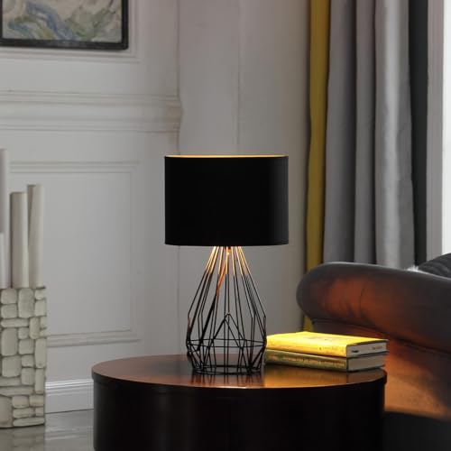 Lámpara de Mesa Estilo Jaula de Metal Industrial, Elegante y Funcional, con iluminación Ajustable, Color Negro Moderno con Forro de Cobre Rosa, 44 cm.