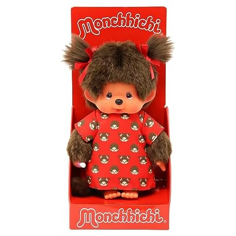 Sekiguchi 221295-Original Mädchen, Figurine Monchichi Dress and Bows, Brown Plush Animal Approximately 20 cm, 221295 Cover