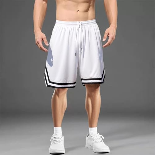 Pantaloncini da allenamento da uomo, a righe, ad asciugatura rapida, traspirante, elastico in vita e tasche, per palestra, corsa, sport, nero classico, A01-Basic Bianco, L