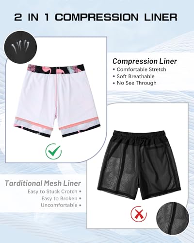 American Trends Men's Swimsuits Mens Swim Trunks with Compression Liner Summer Beachwear Bathing Suit for Men Medium A Pink Flamingo