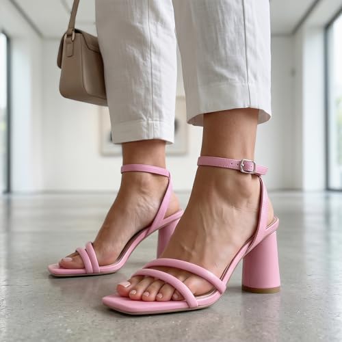 Image of RIBONGZ Block Heels Prom Heeled Sandals for Women Chunky Square Open Toe Strappy High Heels Ankle Strap Wedding Bridal Shoes High Heel Sandals for Party Dress