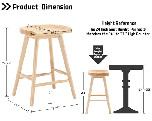 Image of HNY Backless Counter Height Bar Stools Set of 4, 24'' Rustic Farmhouse Wooden Saddle Stools Ergonomic-Seat Bar Chairs, Bar Height Barstools for Kitchen Counter Island, Natural