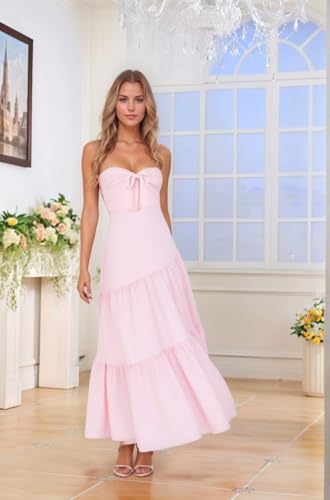 Spaghetti Straps Bridesmaid Dresses Long Ruffle Floral Chiffon Prom Gowns A Line Bow Strapless Formal Evening Dress4
