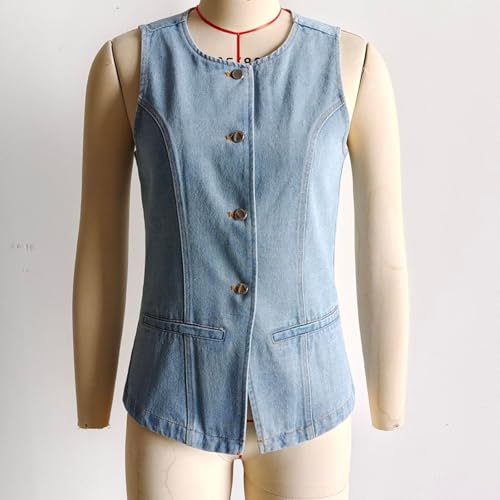 Chaleco de mezclilla para mujer con cuello redondo y botones para primavera 6