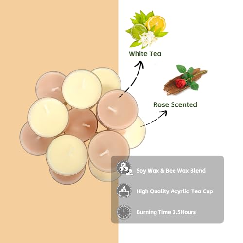 12 Pack Scented Tealight Candles, Bee Wax & Soy Wax Blended Tea Light Candle, Cream White & Light Brown, White Tea Scented, Mini Candles in Clear Acrylic Cups for Home & Candle Party - Image 3