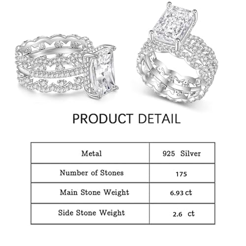 Jeulia 3pcs 6.9ct Radiant Cut Moissanite Rings for Women; Silver Diamond Wedding Rings for Women 14K White Gold Plated Engagement Promise Eternity Ring Band for Her with Jewelry Gift Box2