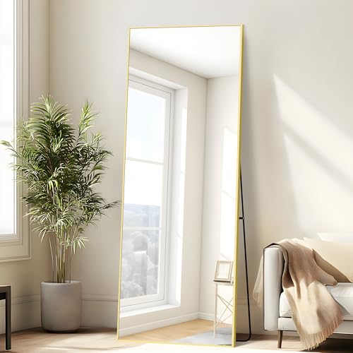 WOLIBEER Espejo Grande de Cuerpo Entero de 165 x 60cm, Espejo de Cuerpo Entero con Marco de Aluminio, Dorado Espejo de Pared Rectangular Espejo de Pie para Dormitorio Vestidor Sala de Gimnasia Pasillo