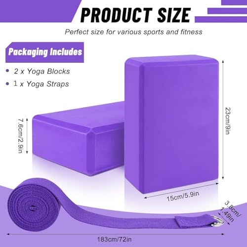 Image of Yoga Block Set of 2- Supportive Latex-Free Eva Foam - Soft Non-Slip Surface with Beveled Edges for Yoga, Pilates, Meditation - Yoga Accessories for Stability, Balance, Deepen Stretches (Multicolour) (Yoga Block & Strap, 9x6x4 in)