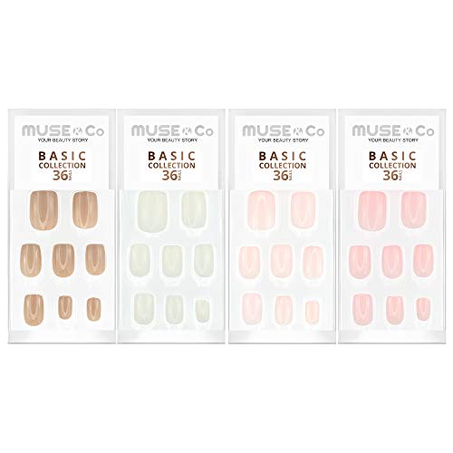 MUSE & Co Stick-On Gel 36 False Nails Medium Length Gloss Be Neutral Multipack (4packs)