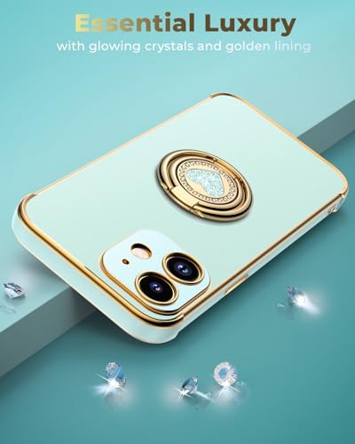Coque de protection de luxe bling cœur mignon pour iPhone 12 vert avec support chic