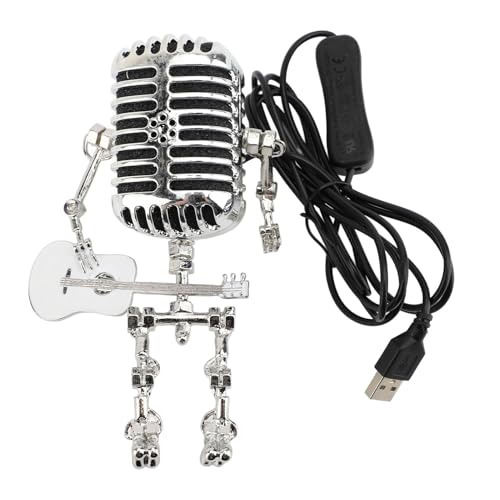 HUSHUI Lampe de Table de Robot de Guitare Microphone Vintage, Lumière Nocturne de Robot Métallique Rétro en Aluminium avec Faisceau focalisé pour le Bureau de la Chambre à Coucher (Blanc)