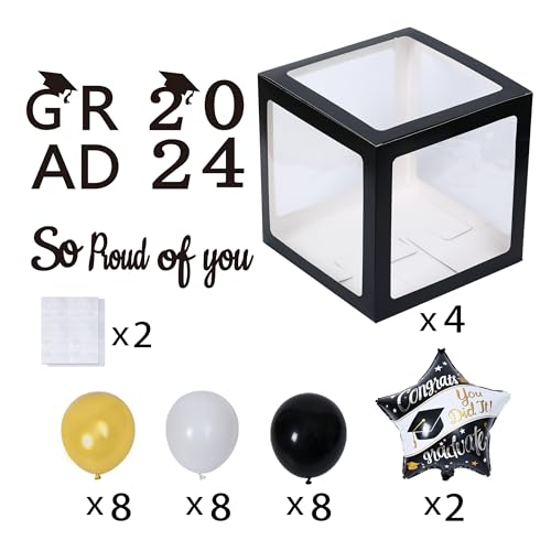 Graduation Decorations Class of 2024 Black Balloon Boxes With Letters Of Grad 2024 And So Proud Of You, Graduation Table Centerpices For Party, 2024 Decoration 30PCS (4 Boxes + 26 Balloons)