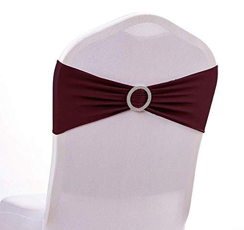 mds Pack of 100 Spandex Chair Sashes Bow sash Elastic Chair Bands Ties with Buckle for Wedding and Events Decoration Spandex Slider Sashes Bow - Burgundy