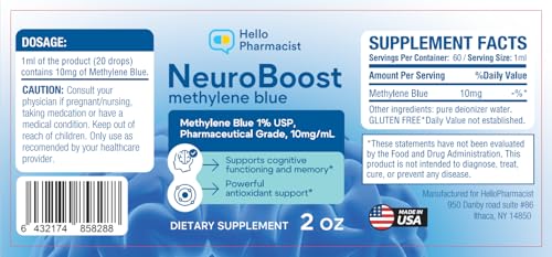 HelloPharmacist NeuroBoost Azul de Metileno 1% - 60 ml - Grau Farmacêutico USP 99,99% Pureza - Certi