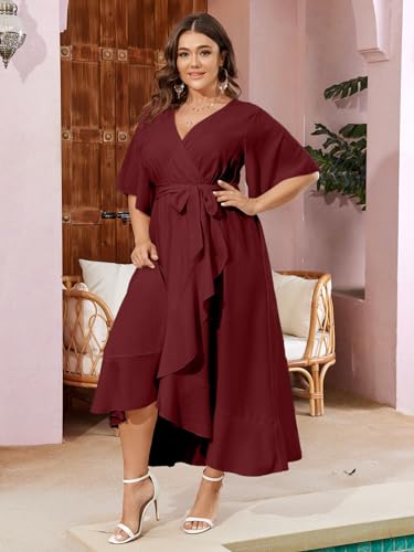 Image of SCOMCHIC Women Plus Size Maxi Dress Short Sleeve Wrap V Neck High Low Split Ruffle Long Dress