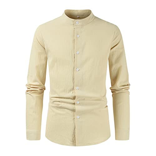 Chemise en coton et lin homme à manches longues et col montant - Blanc