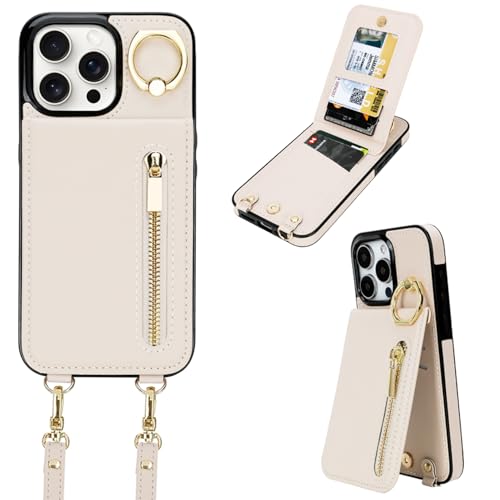 uCOLOR for iPhone 15 Pro Max Wallet Case with Card Holders for Women, Crossbody Zipper Protective Leather Case with Strap Wrist Ring RFID Protective 6.7" (Apricot Beige)