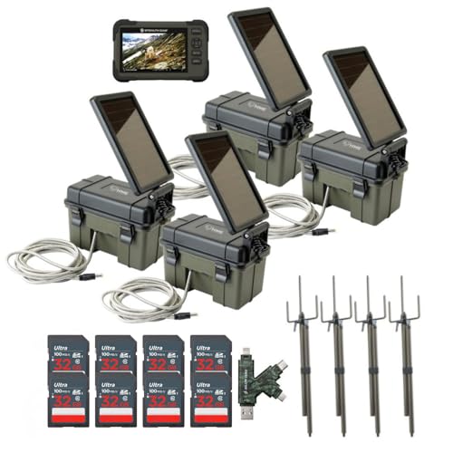 Stealth Cam HME Trail Camera 12V with Solar Auxiliary Power Pack (4-Pack) Bundle with 4X Memory Card Reader and Viewer, 4X Trail Camera Mount Stick, 8X 32GB Memory Card, and Card Reader (21 Items)
