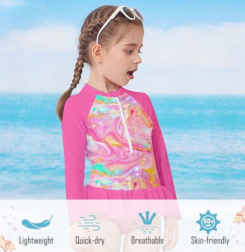Image of RAISEVERN 1-7 Years Girls Rashguard Swimsuit Long Sleeve One Piece Zipper Bathing Suits with Ruffle Butt