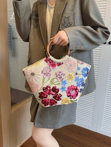 Bolso Tote bordado con lentejuelas y asa de bambú miniatura 4