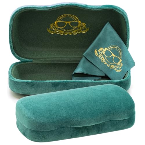 Modern Eyewear Large Hard Shell Glasses Case with Cleaning Cloth - Green Velvet Protective Eyeglass Case for Sunglasses & Reading Glasses - Lightweight, Crush-Resistant - Design for Men & Women