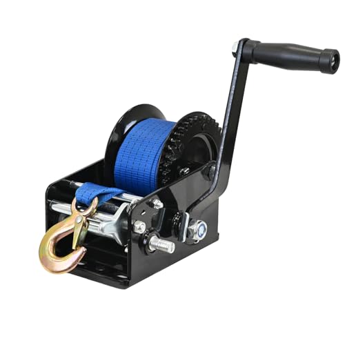 TRUTZHOLM Gurtwinde 1360 kg / 3000 lbs Polyestergurt Gurtlänge 10 m Gurtbreite 5 cm Lasthaken mit Sicherheitsbügel Sperrhebel 23 cm Handkurbel ergonomisch Bootswinde Handwinde