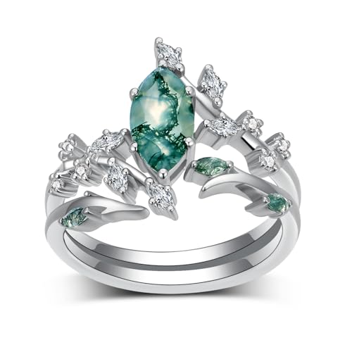 1 Carat Marquise Cut Moss Agate Wedding Ring Set for Women, 925 Sterling Silver Green Moss Agate Bridal Engagement Ring Set Jewelry Gift for Wife Her