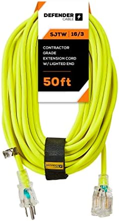 Defender Cable 16/3 Gauge, 50 ft SJTW Contractor Grade Extension Cord, with Lighted end,UL/ETL Listed, All Purpose (OSHA Compliant)