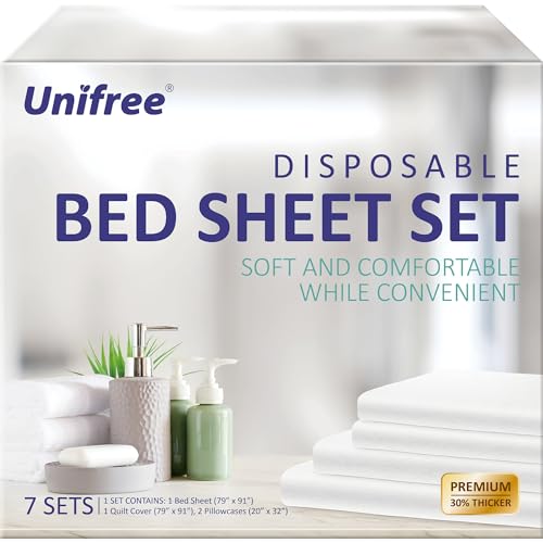 UNIFREE 7 Sets Disposable Bed Sheets Travel Sheets for Hotel,Portable Bedding Cover Bedspread, Disposable Bedding Set (79' *91')