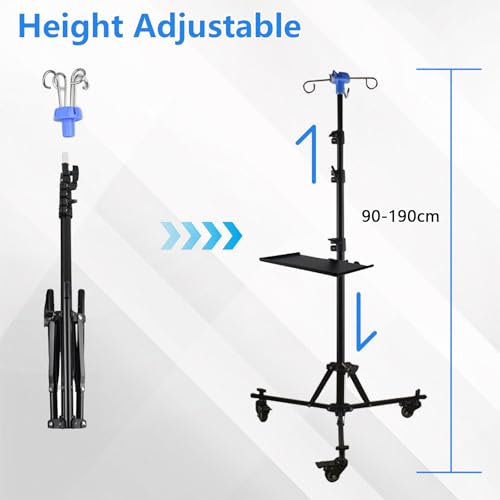 Infusionsständer mit Ablage und Alarm, Höhenverstellbar 90–190 cm, Klappbarer Infusionsbeutelständer mit 4 Haken, 3 Netzbeuteln und 1 Aufbewahrungstasche, Mobiler Infusionsständer für Krankenhaus