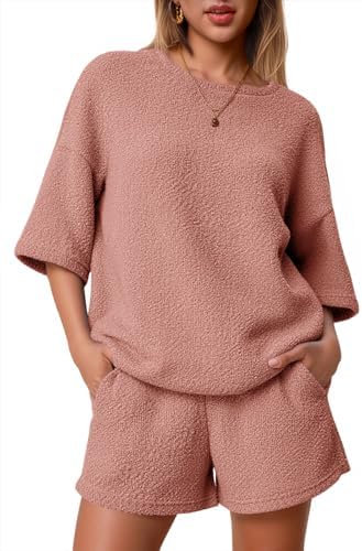 Tankaneo Womens 2 Piece Outfits Lounge Sets 3/4 Sleeve Oversized Tops and Elastic Waist Shorts Pajama Sets Loungewear