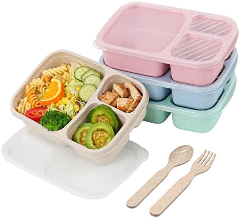 4 Pack Bento Lunch Box，3-Compartment Meal Prep Containers，Lunch Box for Kids，Durable BPA Free Plastic Reusable Food Storage Containers - Stackable, Suitable for Schools, Companies,Work and Travel